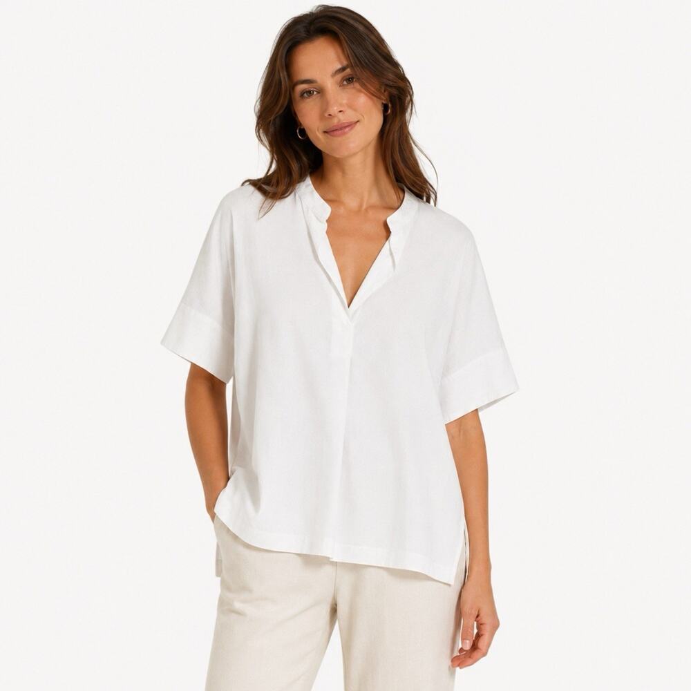 Vince Boxy Linen Blend Top Women Medium White V neck Short Sleeve Popover